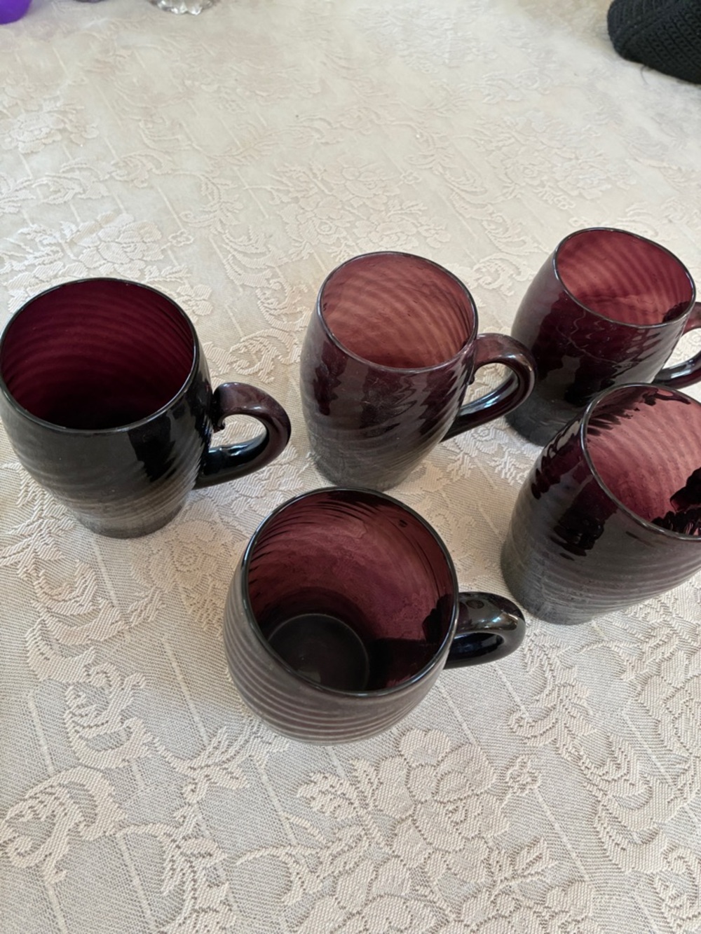 5 Purple glass mugs euc hand blown